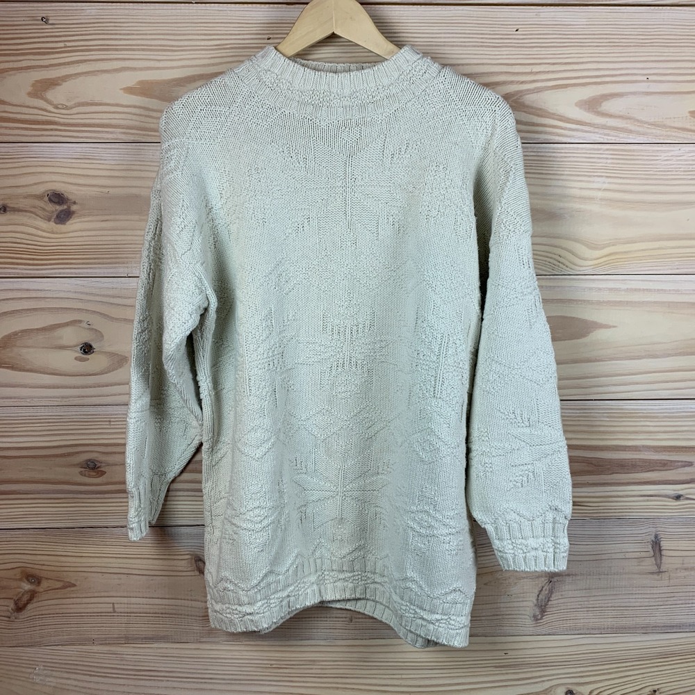 Vtg‎ Fisherman Sweater Ivory Cotton Snowflake Cable Knit Preppy Coastal